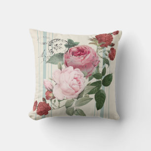 Französische Vintage Rose auf Imitaten blau gestre Kissen