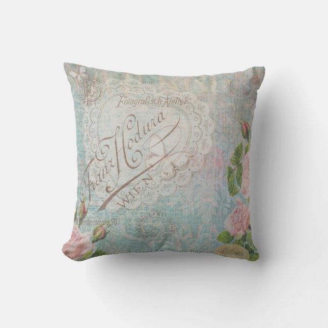 Französische Vintage Rose und Herz Collage Bleu Kissen (Vorderseite)