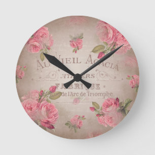 französische vintage shabby chic Rosen rosa floral Runde Wanduhr