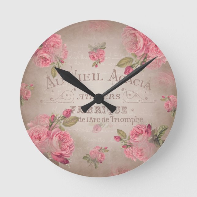 Französische Vintage shabbychische Rose rosa Blume Runde Wanduhr (Vorderseite)