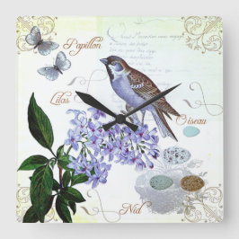 Französische Vogel-Blumencollagen-Vintager Blick Quadratische Wanduhr