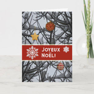 Französische Weihnachtsschmuck auf verschneiten Zw Feiertagskarte