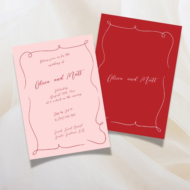Französische Whimsy Script Hochzeitseinladung Rot  Einladung (French Whimsy Script Wedding Invite Red Pink)