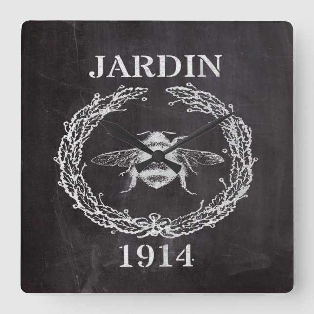 Französischer Bauernhof Kalkboard Vintage Biene Quadratische Wanduhr (Vorderseite)