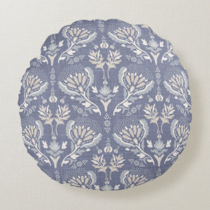 Französischer blauer Damast, shabby chic. Rundes Kissen
