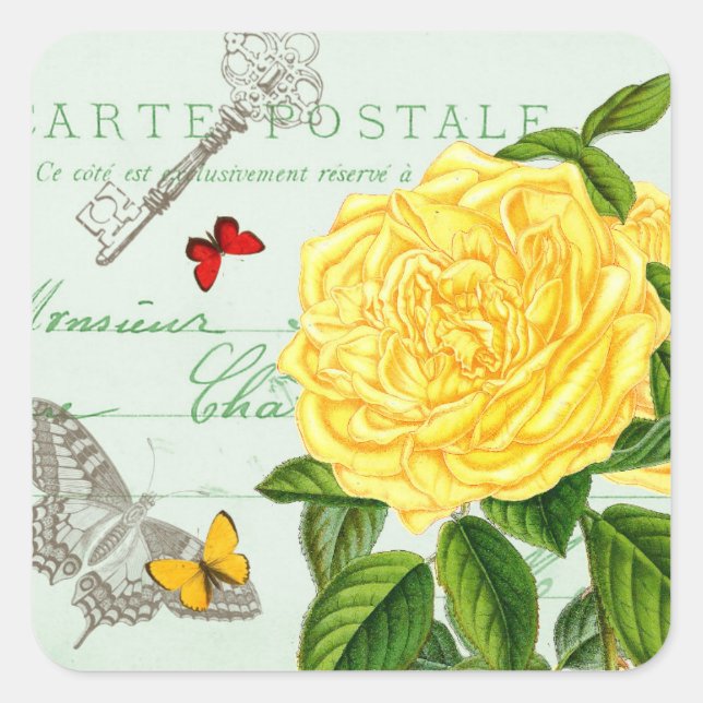 Französischer Blumenaufkleber mit Vintager Aufkleb Quadratischer Aufkleber (Vorderseite)