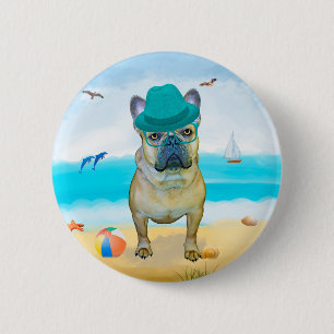 Französischer Bulldog am Strand Button