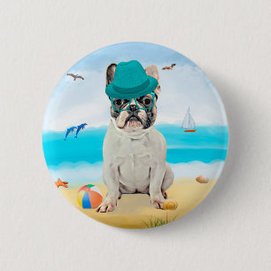Französischer Bulldog am Strand Button