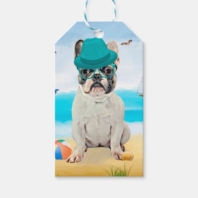 Französischer Bulldog am Strand Geschenkanhänger (Vorderseite)