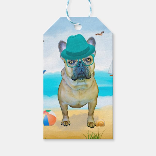Französischer Bulldog am Strand Geschenkanhänger (Vorderseite)