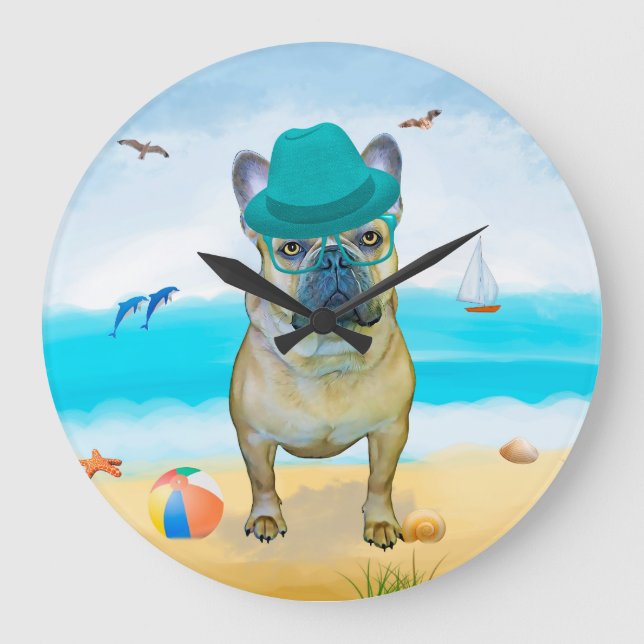 Französischer Bulldog am Strand Große Wanduhr (Vorderseite)