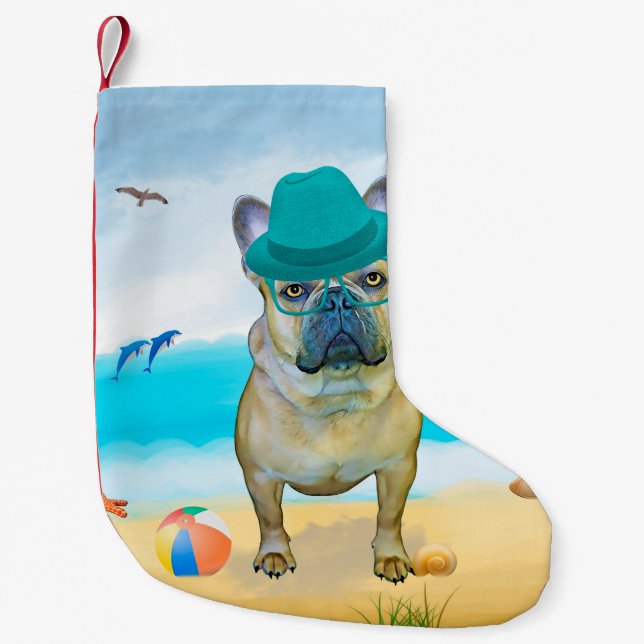 Französischer Bulldog am Strand Kleiner Weihnachtsstrumpf (Vorderseite)