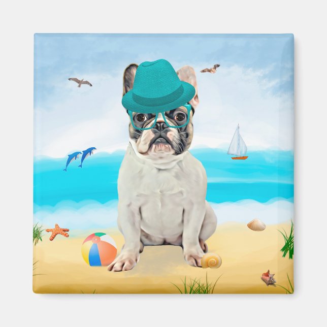 Französischer Bulldog am Strand Magnet (Vorne)