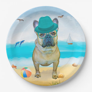 Französischer Bulldog am Strand Pappteller