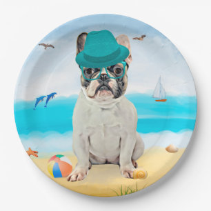 Französischer Bulldog am Strand Pappteller