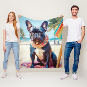 Französischer Bulldog am Strand, Sommergeschenk fü Fleecedecke