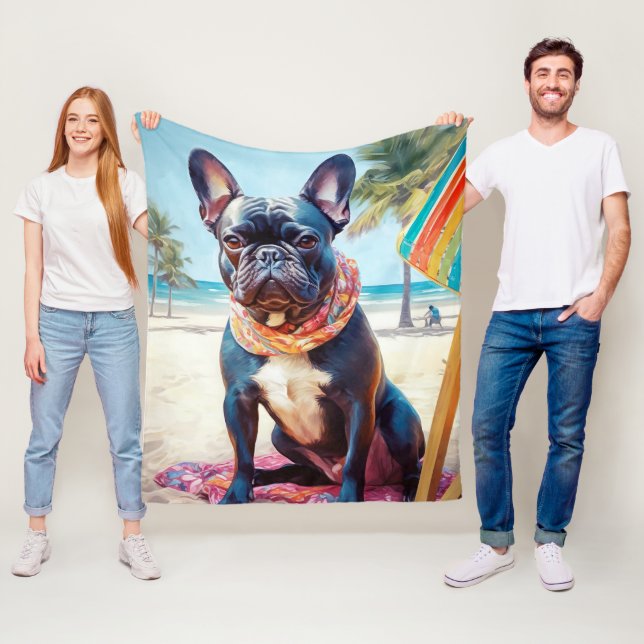 Französischer Bulldog am Strand, Sommergeschenk fü Fleecedecke (Beispiel)