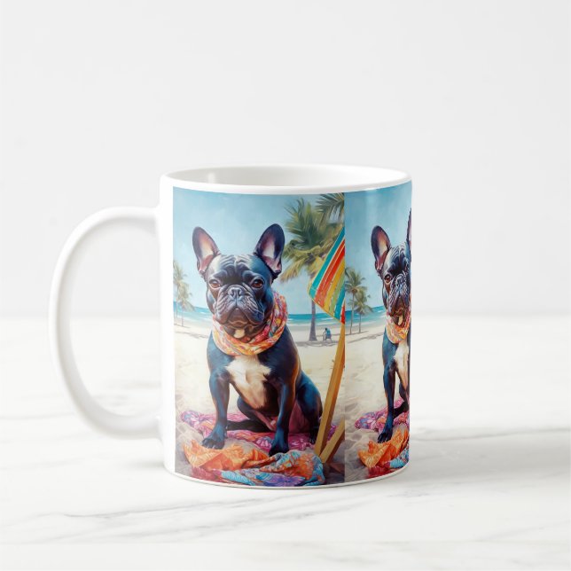 Französischer Bulldog am Strand, Sommergeschenk fü Kaffeetasse (Links)