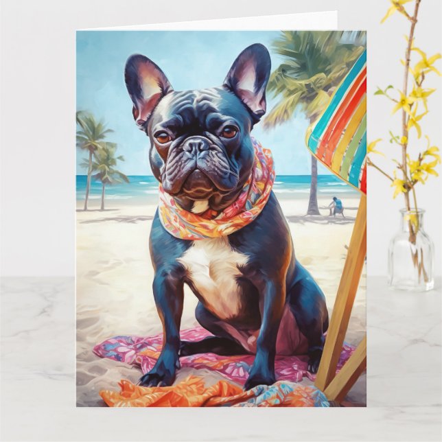 Französischer Bulldog am Strand, Sommergeschenk fü Karte (Gelbe Blume)