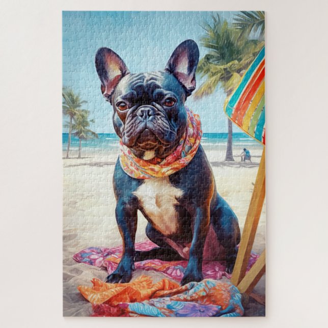 Französischer Bulldog am Strand, Sommergeschenk fü Puzzle (Vertikal)
