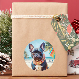 Französischer Bulldog am Strand, Sommergeschenk fü Runder Aufkleber
