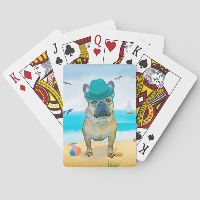 Französischer Bulldog am Strand Spielkarten (Rückseite)
