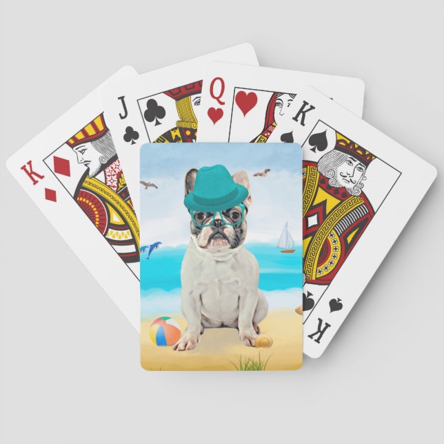 Französischer Bulldog am Strand Spielkarten (Rückseite)