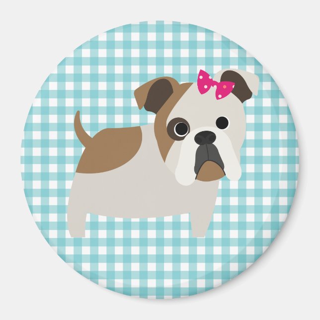 Französischer Bulldog auf Blue and White Gingham D Magnet (Vorne)