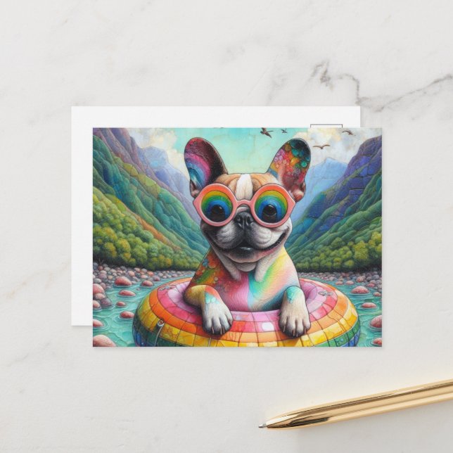 Französischer Bulldog auf einem Regenbogenfarbenfl Postkarte (Vorderseite/Rückseite Beispiel)