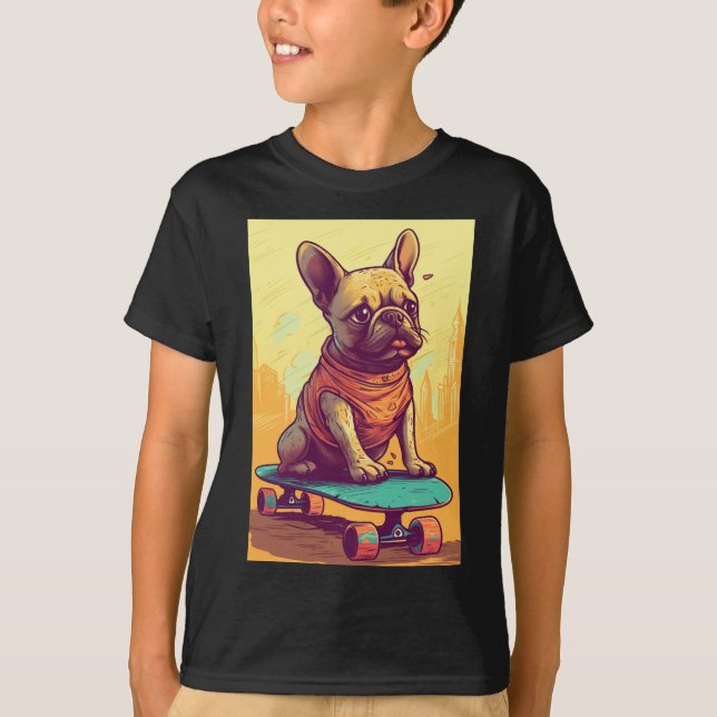 Französischer Bulldog auf Skateboard T-Shirt (Vorderseite)