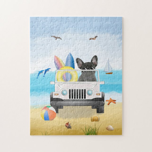 Französischer Bulldog Autofahren am Strand Puzzle (Vertikal)