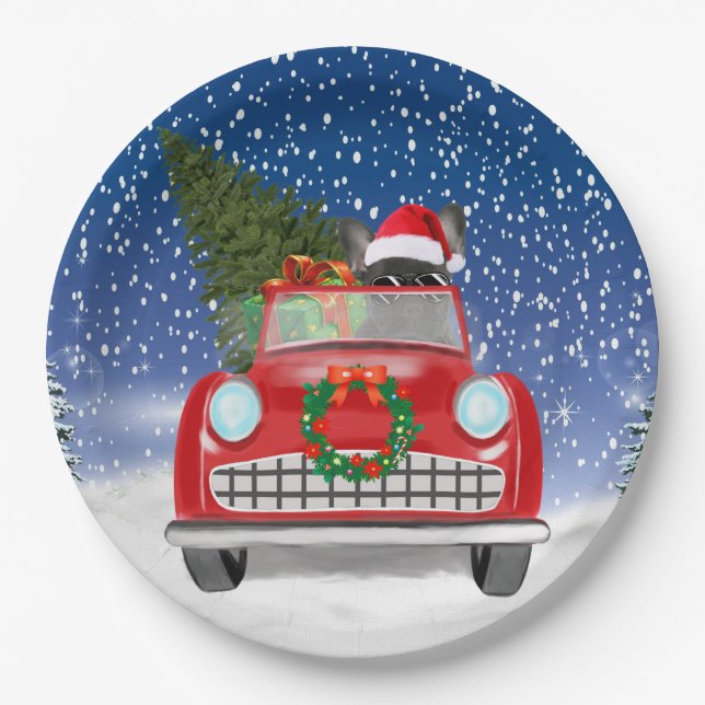 Französischer Bulldog Autofahrer im Schnee Weihnac Pappteller (Vorderseite)