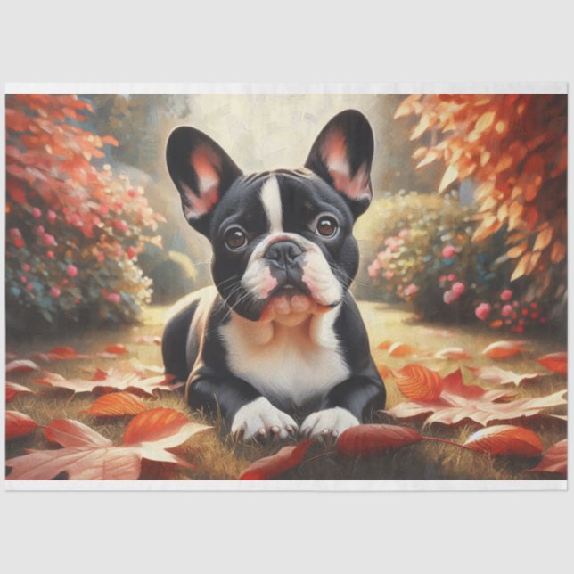 Französischer Bulldog Autumn Leaves Decoupage Seidenpapier (Vorderseite)