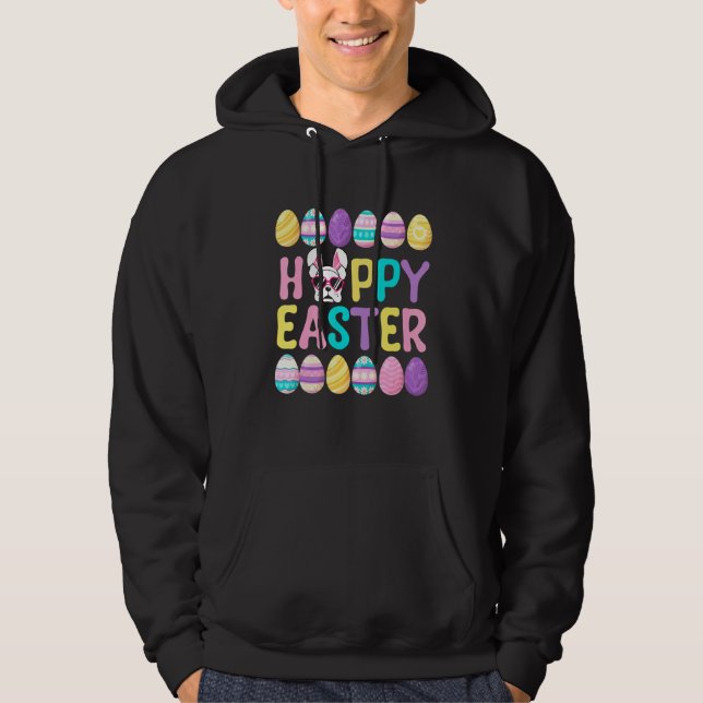 Französischer Bulldog Bunny Ear farbenfrohe Ostere Hoodie (Vorderseite)