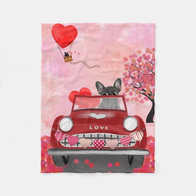 Französischer Bulldog Car mit Herz Valentins Fleecedecke (Vorderseite)
