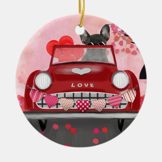 Französischer Bulldog Car mit Herz Valentins Keramik Ornament (Vorne)