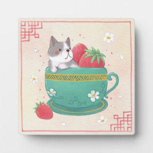 Französischer Bulldog, Erdbeeren & Cup Illustratio Fotoplatte