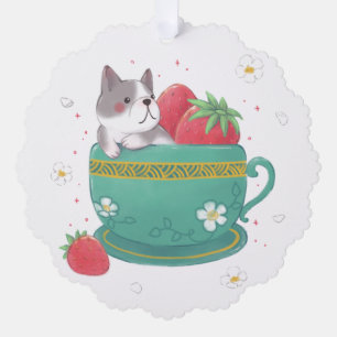 Französischer Bulldog, Erdbeeren & Cup Illustratio Ornament Karte