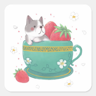 Französischer Bulldog, Erdbeeren & Cup Illustratio Quadratischer Aufkleber