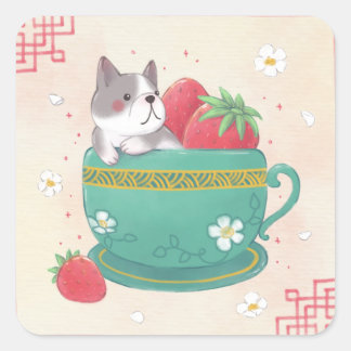 Französischer Bulldog, Erdbeeren & Cup Illustratio Quadratischer Aufkleber