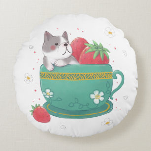 Französischer Bulldog, Erdbeeren & Cup Illustratio Rundes Kissen