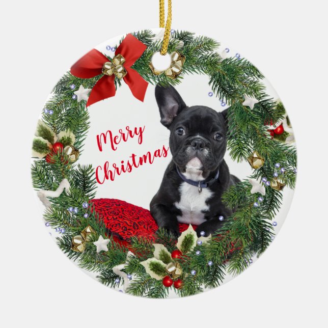 Französischer Bulldog Frohe Weihnachtsfeier Kerami Keramik Ornament (Vorne)