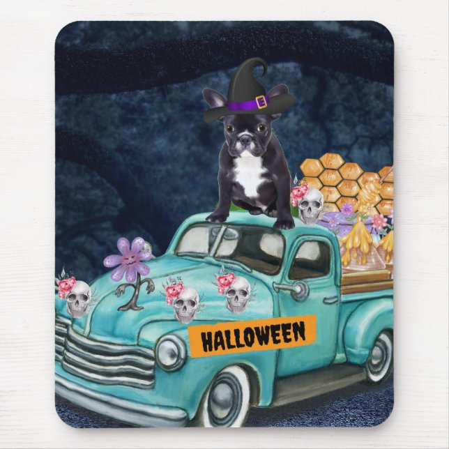 Französischer Bulldog Halloween Truck Beängstigend Mousepad (Vorne)