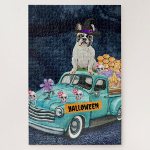 Französischer Bulldog Halloween Truck Beängstigend Puzzle