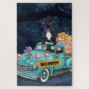 Französischer Bulldog Halloween Truck Beängstigend Puzzle