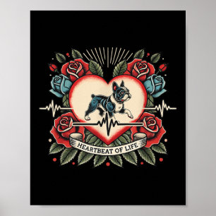 Französischer Bulldog Herzschlag Retro Tattoo mit Poster