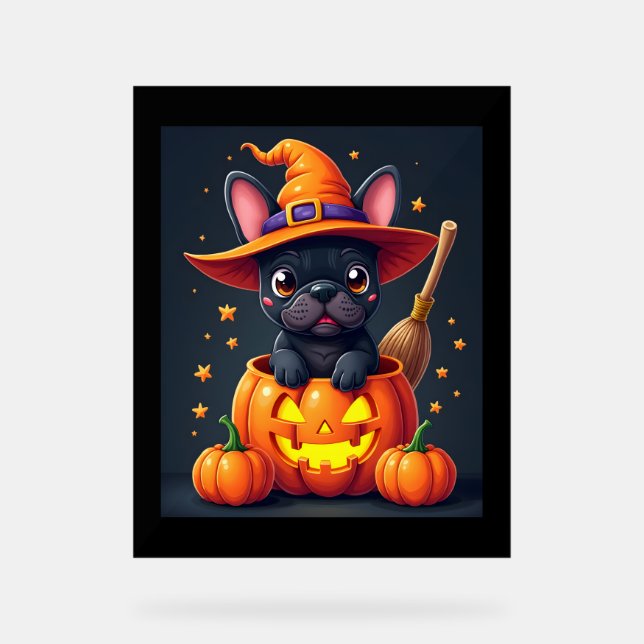Französischer Bulldog Hexenkürbis Halloween Mens W Acrylschild (Vorderseite)