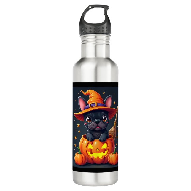 Französischer Bulldog Hexenkürbis Halloween Mens W Edelstahlflasche (Vorderseite)