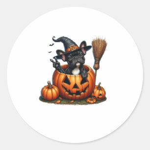 Französischer Bulldog Hexenkürbis Halloween Mens W Runder Aufkleber