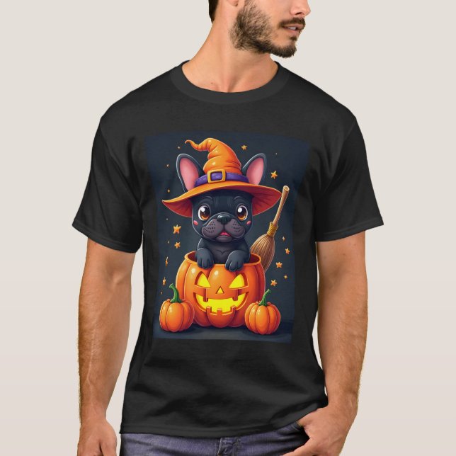 Französischer Bulldog Hexenkürbis Halloween Mens W T-Shirt (Vorderseite)